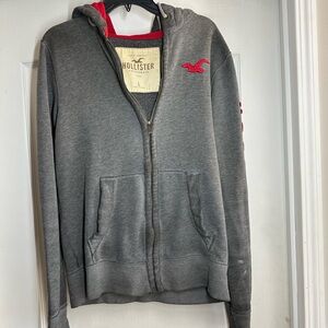 Hollister Large Zip Up Y2K Gray Hoodie Jacket with Red Logo